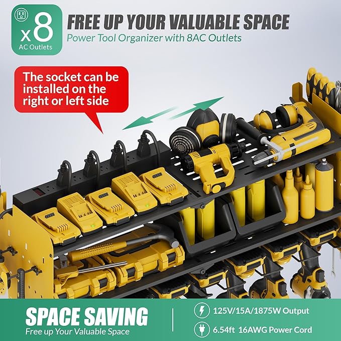 Suchtale Power Tool Organizer Wall Mount,Drill Organizer,33.2" Garage Storage,8 Drill Holders,3 Layers Heavy Duty Metal Shelf with 8 Outlets Power Strip, Gifts for Dad,Husband,Yellow