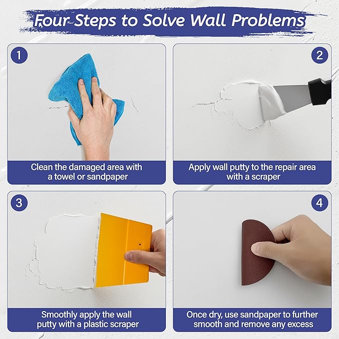 Oriflame Drywall Repair Kit: 8.5 Ounce Spackle Wall Repair with Patch/Scraper/Sandpaper/Gloves - White Wall Putty for Nail Holes/Cracks/Dents/Stains/Peeled Wall