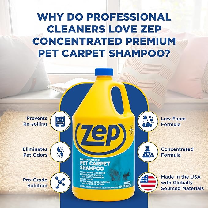 Zep Premium Pet Carpet Shampoo - 1 Gallon (Case of 2) ZUPPC128 - Concentrated Pro Formula Removes Tough Pet Stains and Odors