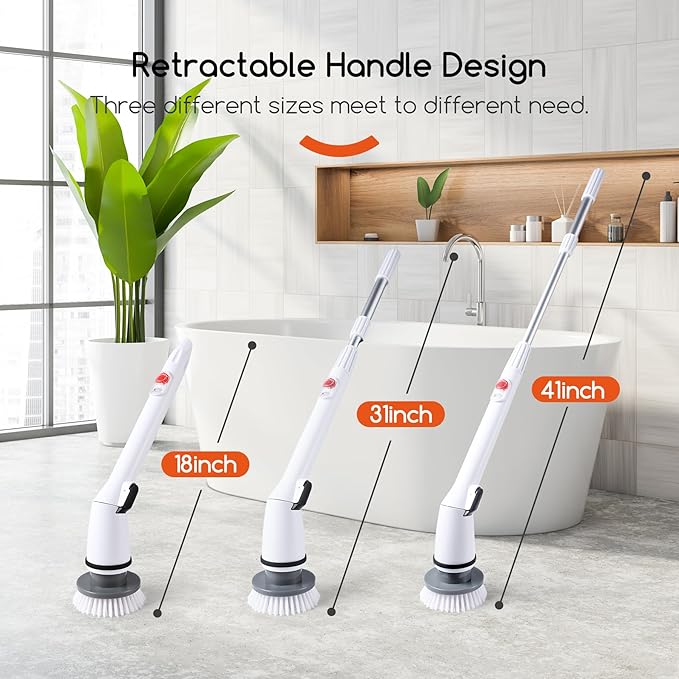 Cordless Electric Spin Scrubber,380RPM High Speed Rotation,Fast Charging-Long Lasting,Power Scrubber with 3 Replaceable Scrubbing Brush Heads for Cleaning Bathroom Bathtubs, Tile Gaps, Mirrors