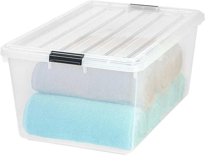 IRIS USA 68 Qt Stackable Plastic Storage Bins with Lids, 1 Pack - BPA-Free, See-Through Organizing Solution, Latches, Durable Nestable Containers, Secure Pull Handle, Made in USA - Clear