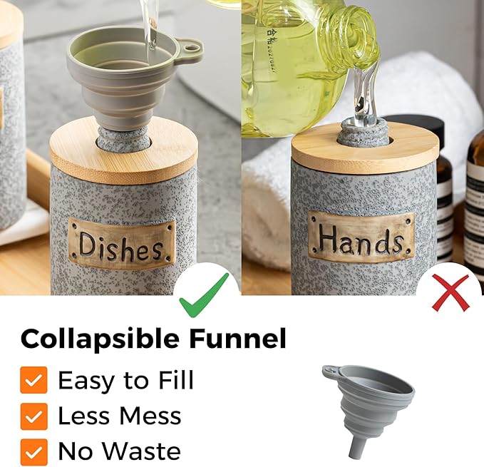Hand and Dish Soap Dispenser Set, Ceramic Kitchen Soap Dispenser for Bathroom Lotion, Body Wash, Includes Instant Dry Tray, Collapsible Funnel, 15 Oz, Gray