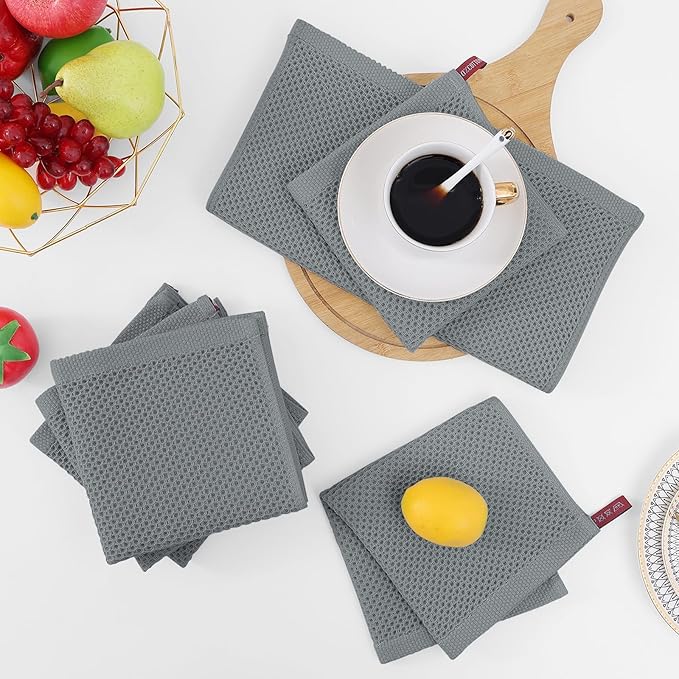Homaxy 100% Cotton Waffle Weave Kitchen Dish Cloths, Ultra Soft Absorbent Quick Drying Dish Towels, 12 x 12 Inches, 12-Pack, Grey