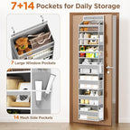 Over The Door Organizer, 7 Tier Door Hanging Organizers with 7 Large Pockets 12 Side Pockets, Behind Door Storage Hanging Shelves for Closet Bathroom Bedroom Nursery
