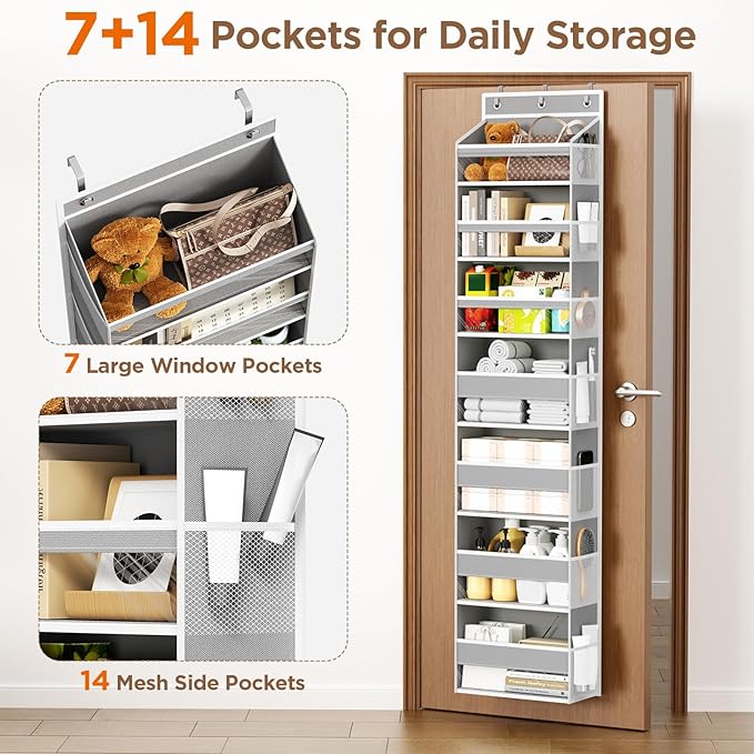 Over The Door Organizer, 7 Tier Door Hanging Organizers with 7 Large Pockets 12 Side Pockets, Behind Door Storage Hanging Shelves for Closet Bathroom Bedroom Nursery