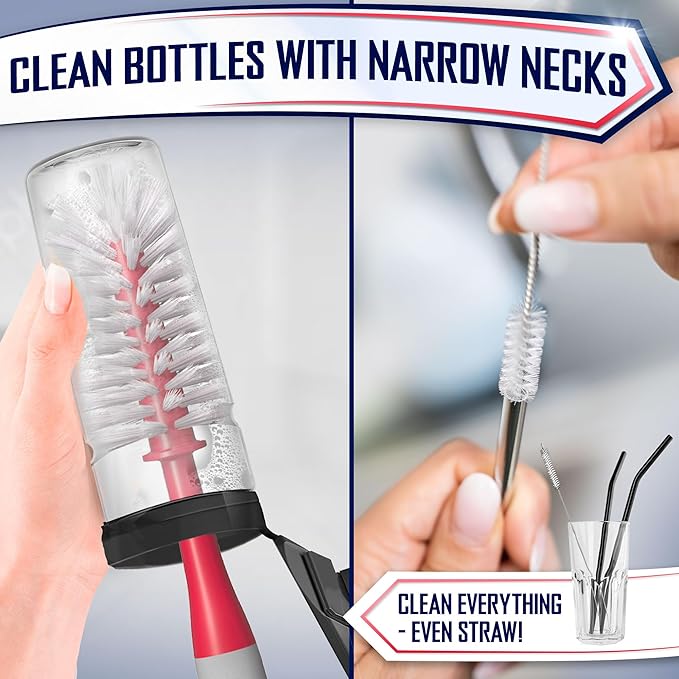 Dish Brush Set of 4 - Kitchen Scrub Brushes with Non-Slip Long Handle for Cleaning, Scrubber, Dishwashing, Dishes, Bottles, Straws, Cups, Pots & Sink, Red