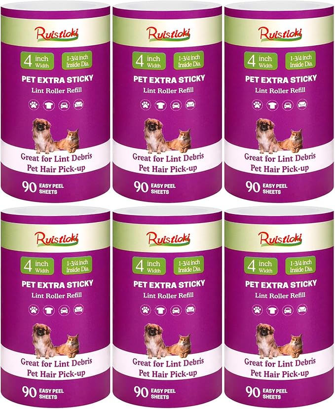 4 inch Lint Roller Refills Only Compatible with Scotch-Brite Pet Hair Pickup Extra Sticky Lint Roller for Couches Clothes and More 90 Sheets per Refill 6 Pack 540 Easy-Tear Adhesive Sheets Total