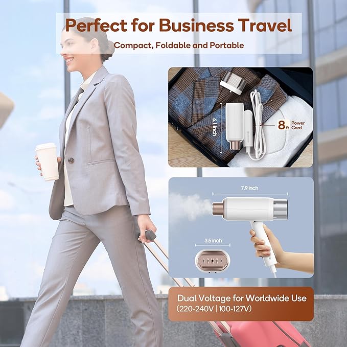 Newbealer Dual Voltage Garment Steamer - 120V/220V, 1200W Powerful Steamer for Clothes, Home & Travel Use, Horizontal & Vertical Steaming, 20s Heat-up, Foldable, 1.72lbs, 180ml (Gold)