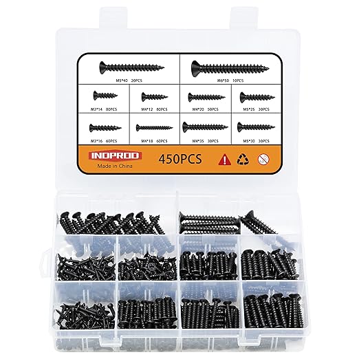 450 pcs M3 M4 M5 M6 Black Wood Screws Assortment Kit,High Hardness Carbon Steel Self-Tapping Screws,Phillips Drive Flat Head Screws Set Kit,Black Oxide,Full Thread,Countersunk Head