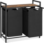 VASAGLE Laundry Hamper, Laundry Basket, Laundry Sorter with 2 Pull-Out and Removable Bags, Shelf, Metal Frame, 2 x 12.1 Gallons (46 L), 28.8 x 13 x 28.4 Inches, Ink Black and Rustic Brown UBLH201B01