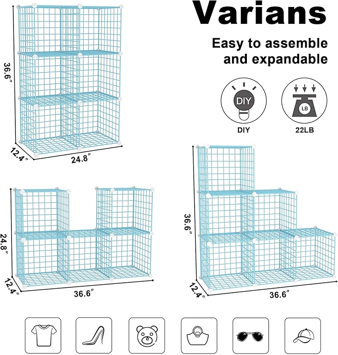 C&AHOME Wire Cube Storage, 6 - Cube Organizer Metal C Grids, Modular Shelves Units, Closet Organizer, Ideal for Home, Office, Living Room, 36.6”L x 12.4”W 36.6”H, Blue UWCS3006B