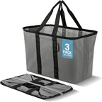 CleverMade EcoBasket 30L Collapsible Tote Basket 3 Pack – Reusable Grocery Tote That Stands Upright, Foldable Shopping Basket for Car Trunk Storage, Heavy Duty Utility Bag, 30 lb Capacity - Gray