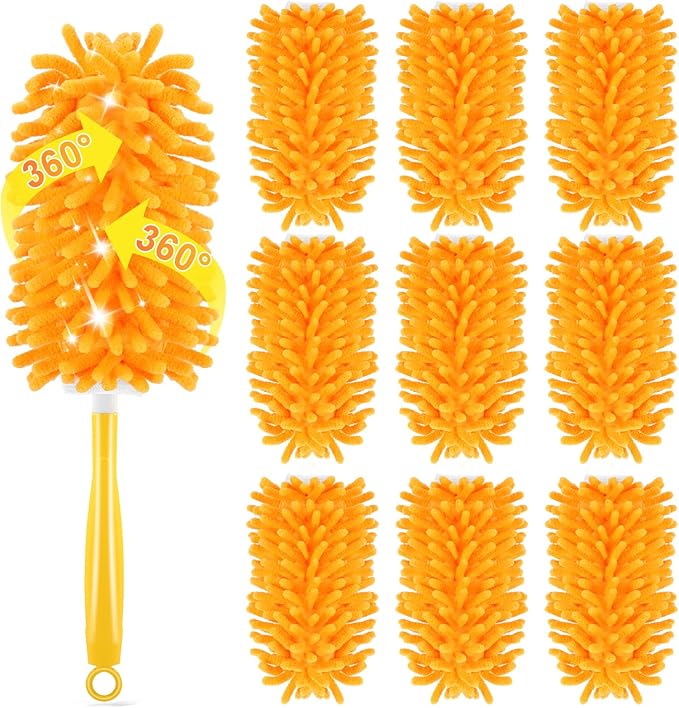 Reusable Duster Refill for Swiffer Duster Refill, 360° Heavy Duty Duster Refills Kit, 5 Pack with 1 Handle Microfiber Ceiling Fan Dusters for Cleaning（Orange, 9PCS）