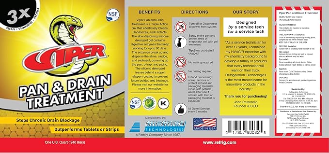 Refrigeration Technologies Viper Pan & Drain Treatment 1 Qt RT800S or 1 Gal RT800G Yellow (1 Gallon, 1)