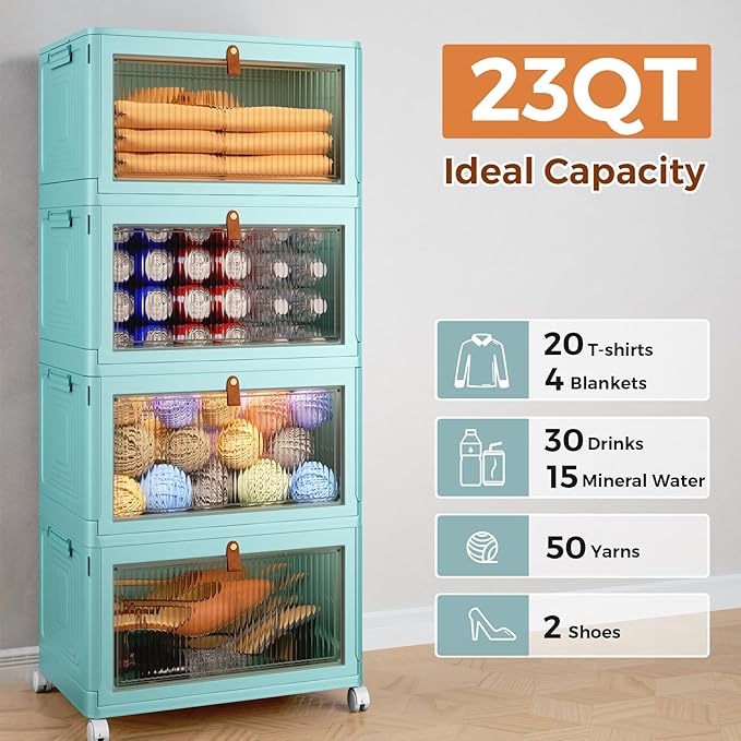 4 Tier Stackable Plastic Storage Bins with Lid and Wheels - 23 QT Closet Organizers and Storage, Foldable Storage Containers, Organization and Storage Boxes for Craft, Home, Pantry, Dorm,Green