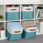 HNZIGE Fabric Storage Cube Bins Baskets for Organizing, 11 inch Cube Storage Baskets, Set of 4, Collapsible Storage Baskets with Handles, Closet Organizers Storage Home Toy Nursery room(White Teal)