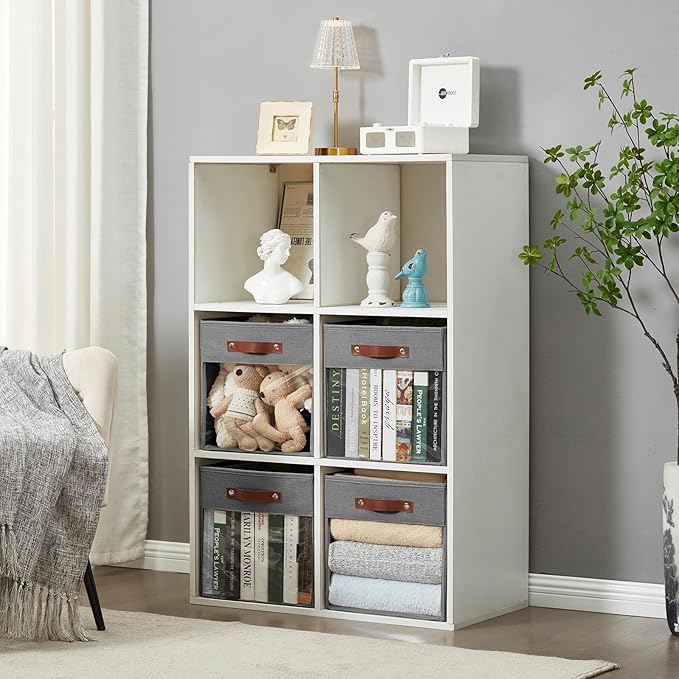 Storage Cube Organizer with Clear Window, Linen Collapsible Storage Boxes with PU Handles, Cube Storage Bins for Shelf, Closet, Cabinet, Bookcase (13x13x13, Gray)