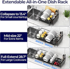 Large Dish Drying Rack, Expandable Dish Rack for Kitchen Counter, Upgraded Dish Drainer with Drainboard Set, Multifunctional Dishrack with Utensil Holder & Cup Holder, 13.4"-28.7" L x 11.8" W