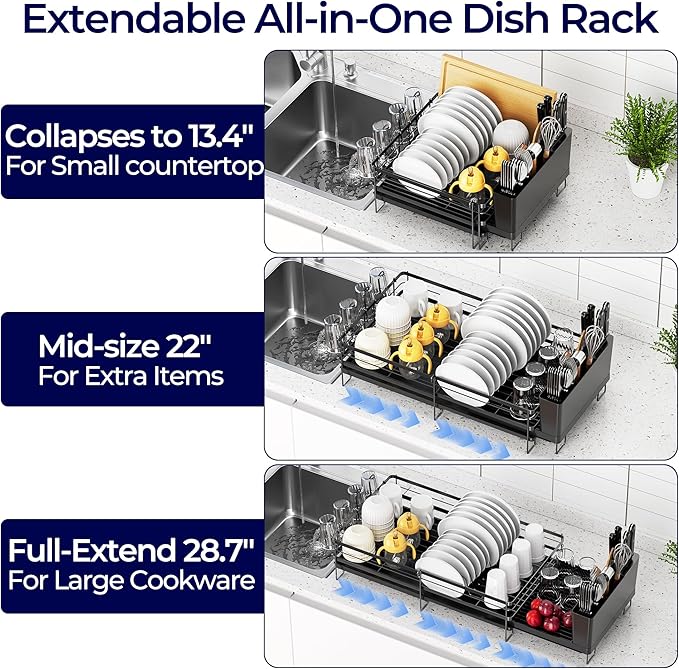 Large Dish Drying Rack, Expandable Dish Rack for Kitchen Counter, Upgraded Dish Drainer with Drainboard Set, Multifunctional Dishrack with Utensil Holder & Cup Holder, 13.4"-28.7" L x 11.8" W