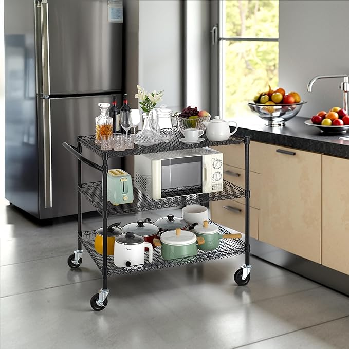 Finnhomy 3 Tier Heavy Duty Commercial Grade Utility Cart, Wire Rolling Cart with Handle Bar, Steel Service Cart with Wheels, Kitchen Carts on Wheels, Metal Cart Shelf Size 24" D x 36" W, NSF, Black
