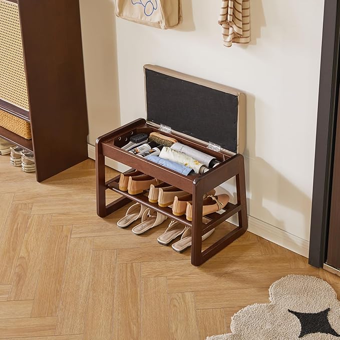 Solid Wood Shoe Bench with Cushion, 2 Tiers Wood Shoe Bench with Flip-Top Storage, 23.62in Shoe Rack for Entryway, Hallway, Walnut Color YD-WD060B