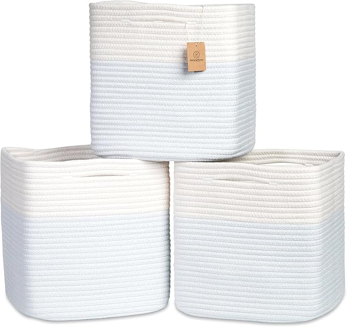 NaturalCozy 13 Inch Cube Storage Bins Cotton Rope Woven Baskets for Organizing 3-Pack | 13 x 13 Storage Cubes | Fabric Square Storage Baskets for Shelves Organizer, Kids Toy Bins, Closet Baby Nursery