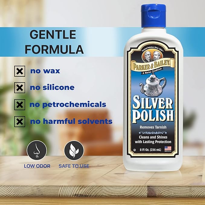 Parker & Bailey Silver Cleaner – Removes Tarnish and Restores Shine on Jewelry, Antiques, Utensils & Furniture, 8 oz Bottle