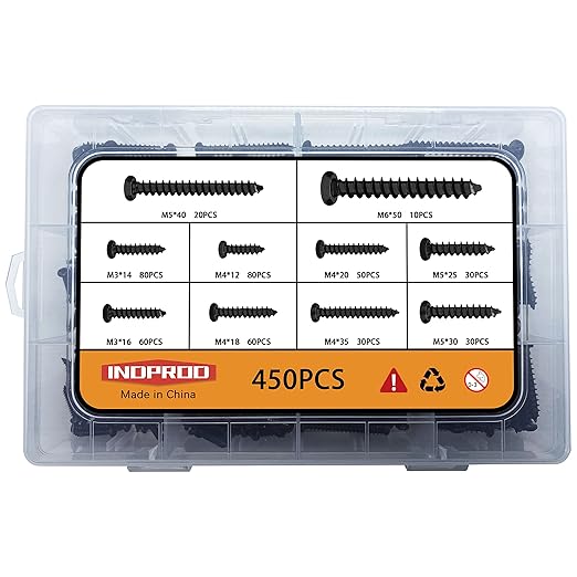 450 pcs M3 M4 M5 M6 Black Wood Screws Assortment Kit,High Hardness Carbon Steel Self-Tapping Screws,Phillips Drive Pan Round Head Screws Set Kit,Black Oxide,Full Thread