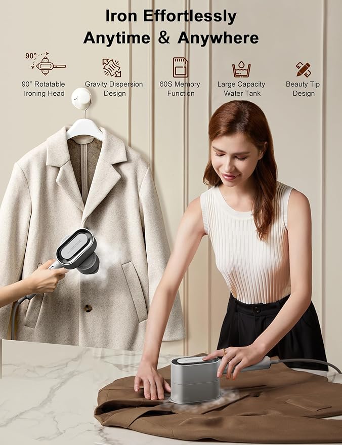KopBeau Steamer for Clothes,2-in-1 Clothes Steamer & Iron for Wrinkles Remover,NTC Precision Ironing Protects Clothes,14 Min of Continuous Steam,1000W Travel Steamer for Travel and Home Use,Grey