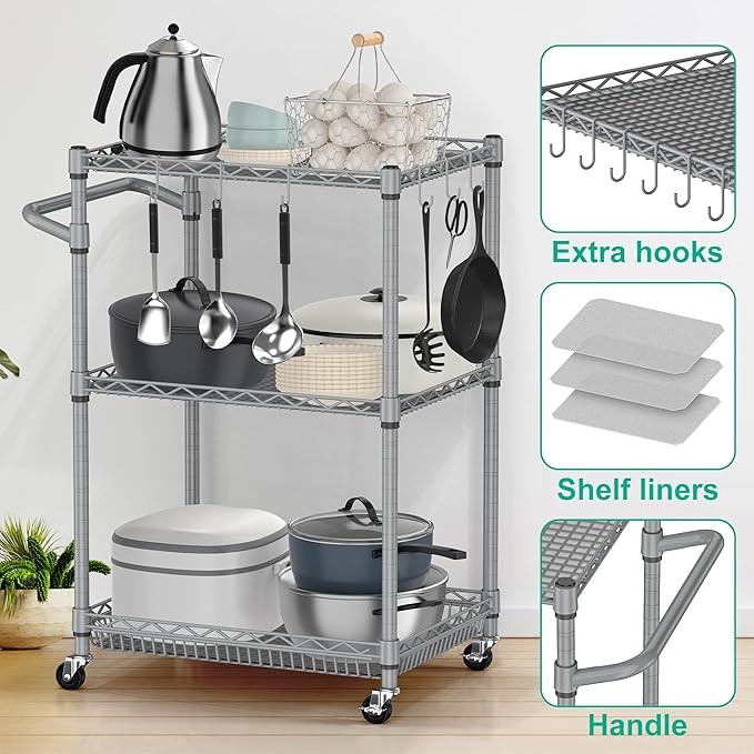 Metal Rolling Cart, 3 Tier Kitchen Cart with Wheels Wire Utility Trolley with Handle, Heavy Duty Tiered Rolling Shelf Trolley for Food Serving Tools Storage, Gray