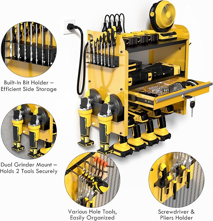 KSVO Power Tool Organizer Wall Mount with Drill Rack & Locking Drawers - Heavy Duty Metal Tool Shelf for Garage, Workshop, Shed, Basement Tool Organization - Gift for Men/Father (Yellow)