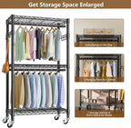 Heavy Duty Clothes Rack Rolling Garment Rack,3 Tier Adjustable Wire Shelving Clothing Racks for Hanging Clothes with Double Rods&Side Hooks,Freestanding Wardrobe Storage Rack Metal Portable Closet