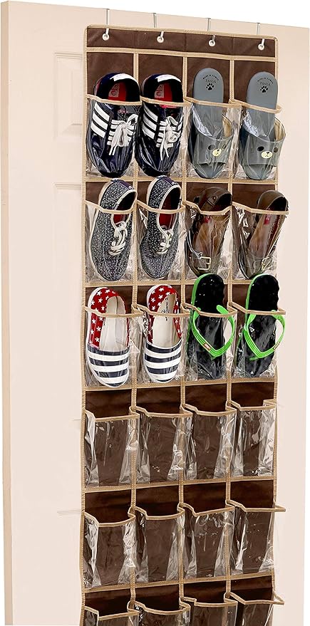 Simple Houseware 24 Pockets - Crystal Clear Over The Door Hanging Shoe Organizer, Brown (64'' x 19'')