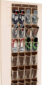 Simple Houseware 24 Pockets - Crystal Clear Over The Door Hanging Shoe Organizer, Brown (64'' x 19'')