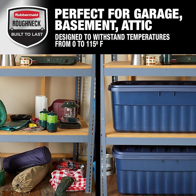 Rubbermaid Roughneck Tote 50 Gal, 2 Pack, Made in USA, Dark Indigo Metallic, Rugged Plastic Stackable Storage Bins with Lids and Handles