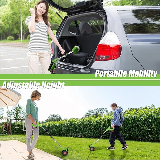 21V Electric Weed Wacker Eater Battery Powered, Cordless Weed Trimmer with 2 Battery Operated & Wheels, 3 in 1 Lightweight Grass Trimmer/Edger/Brush Cutter for Garden Yard Lawn