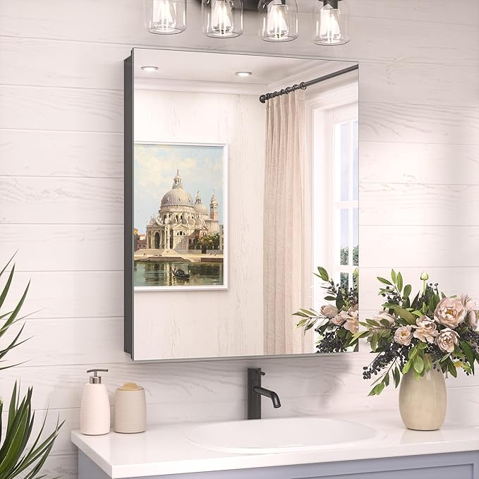 TokeShimi 20 x 26 Recessed Medicine Cabinet Mirror Black Tempered, Aluminum Surface Mount Medicine Cabinet Mirror with Storage with Stepless Adjustable Shelves for Bathroom Modern Farmhouse