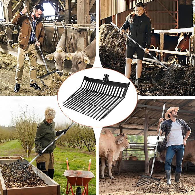 Manure Fork, Manure Fork Replacement Head – Heavy Plastic Horse Manure Fork with 69 Inch Spliced Extension Rod, Long Handle Fork for Hay, Compost, Barn, Horse Stable & Gardening（Black）