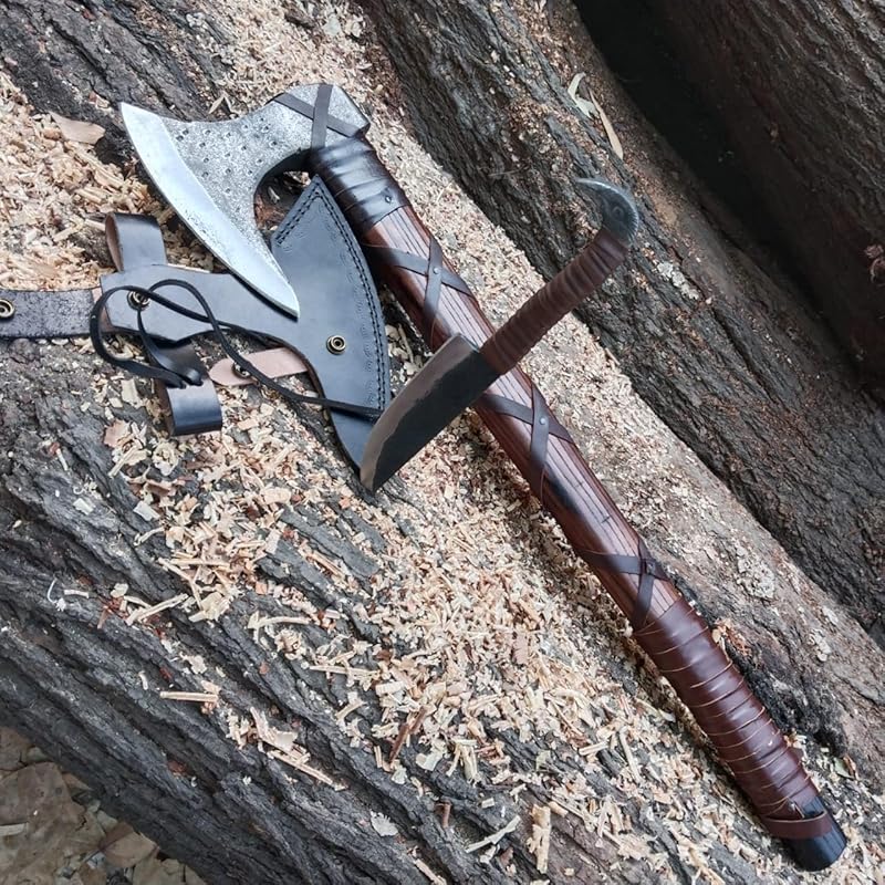 [Viking Cutlery] 27'' Viking Ragnar Axe with Free Odin Forged Knife – Gift Set | Authentic Ragnar Lothbrok Axe – Handcrafted Viking Axe for Camping with Leather Sheath | Ideal Gift for Men