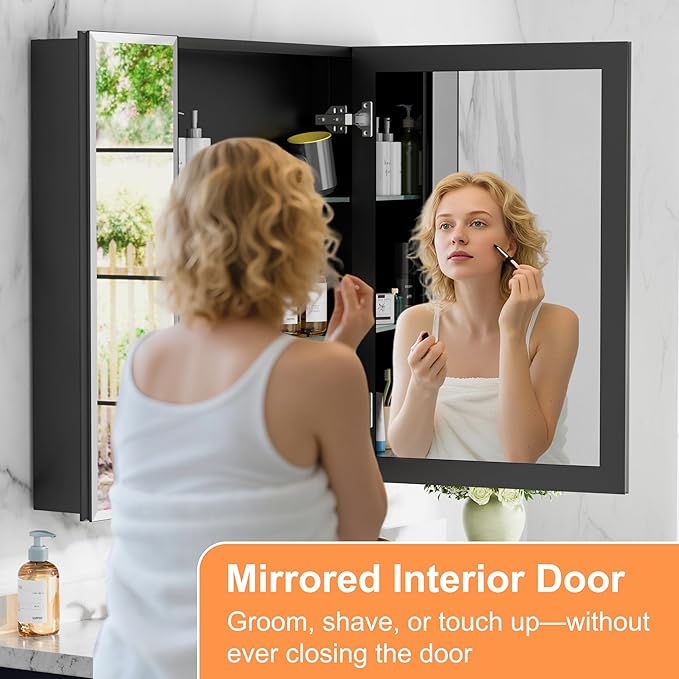 40x30 Inch Medicine Cabinet with Mirror, Aluminum Bathroom Mirror Cabinet, Beveled Edge Mirrored Door, Adjustable Shelves, Surface or Recessed Mount Bathroom Mirrors with Storage, Triple Door,Black