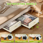 YAASHEEN Under Bed Storage with Wheels, Under the Bed Storage Containers with Clear Lids & Label, Underbed Storage Bins, XXL 60L Rolling Metal Drawer for Clothes, Shoes, Toys, Books (Beige)