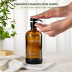 Glass Kitchen Soap Dispenser Set with Ceramic Tray,16.9 floz Hand and Dish Soap Dispenser for Kitchen and Bathroom Decor,Amber Kitchen Accessories(Amber Bottles + Black Pumps)
