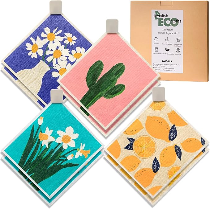 Swedish Dishcloths for Kitchen, 8 Pack Reusable Paper Towels with Clips, Non-Scratch Swedish Dish Towels, Super Absorbent Cellulose Sponge Cloths, Assorted