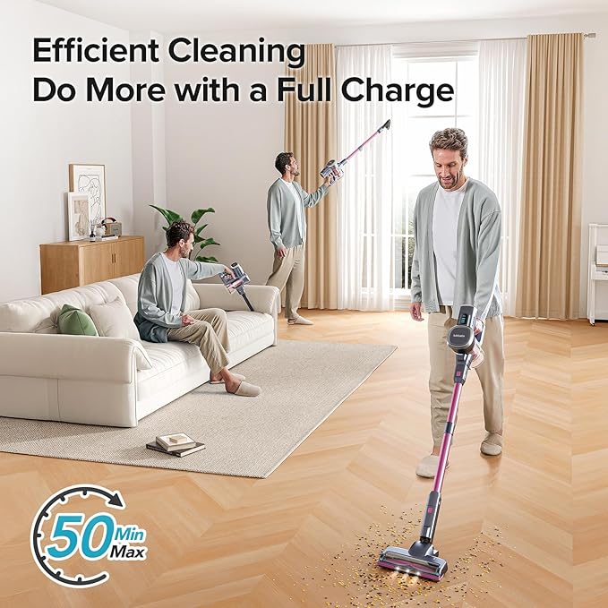 Lubluelu Upgraded 45 kPa Cordless Vacuum Cleaner with Powerful Suction, Self-Standing Stick Vacuum Up to 50mins, Detachable Battery, Versatile Vacuum for Pet Hair, Carpet, Hard Floor - Peach Pink