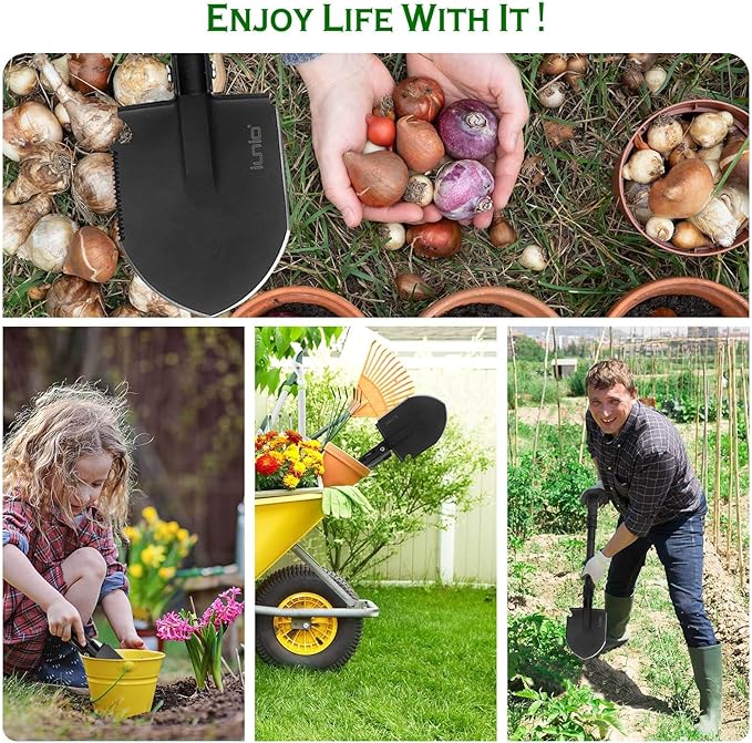 iunio Camping Shovel,Shovel Folding, Portable, Multitool, Foldable Entrenching Tool, Collapsible Spade, for Backpacking, Trenching, Hiking, Survival, Car Emergency