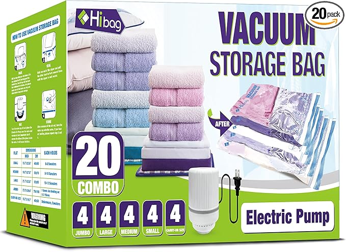 HIBAG Vacuum Storage Bags with Electric Pump, Vacuum Seal Space Saver Bags for Clothes, Clothing, Pillows, Blanket Bedding Comforters, Combo 20 pack