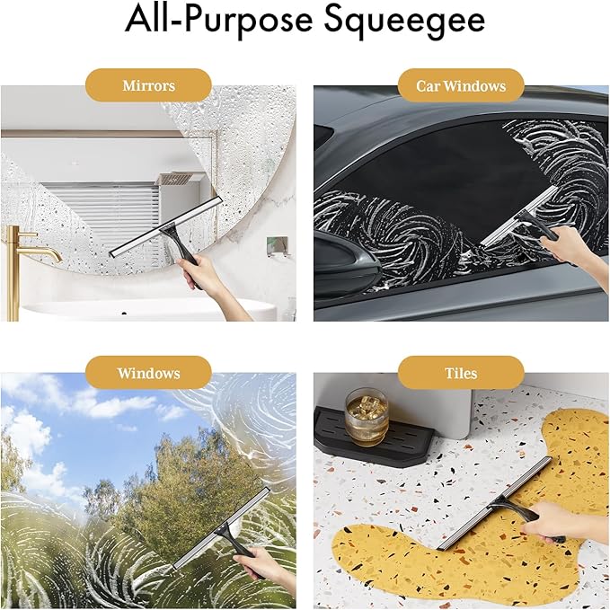 AmazerBath Shower Squeegee for Glass Doors, All-Purpose Squeegee with Suction Hook & Adhesive Hook, Squeegee for Shower Glass, Windows, Mirrors, Tiles and Car Windows - 12 Inches, Clear Black