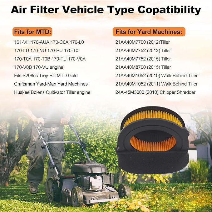 2PCS 951-10794 Air Filter Fit for 951-14262 751-10794 751-14262 for MTD Series 208 cc Troy-Bilt Premium OHV engine Yard Machine Outdoor Huskee Bolens Tillers Craftsman Lawn Mower with Pre-Filter