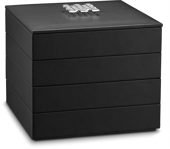 Earring Organizer Tray - 4 Stackable Trays with Lid -45 Slot Classic Jewelry Storage Display Case for Drawer or Dresser - Holder for Earring Ring or Necklace - Large Mirror - Black