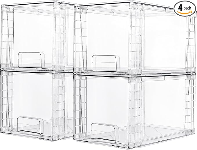 Vtopmart 4 Pack Large Stackable Storage Drawers,Easily Assemble Acrylic Bathroom Closet Undersink Organizers and Storage,Plastic Bins for Kitchen Cabinets,Pantry,Makeup,Medicine Organization